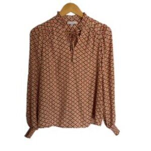 Maison d'Amelie Ruffle Neck Pink & Brown Long Sleeve Blouse XSmall